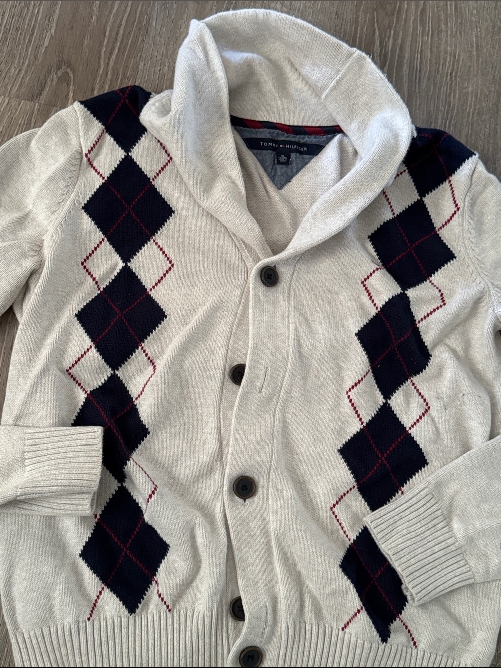 Tommy Hilfiger Cream Shawl Cardigan with Navy and Red Argyle